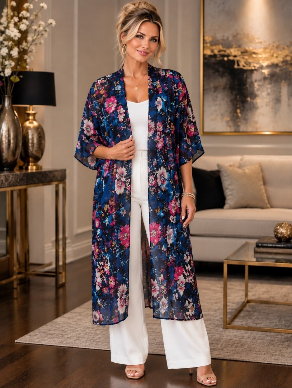 Lularoe Shirley Floral print Waterfall front Long Kimono